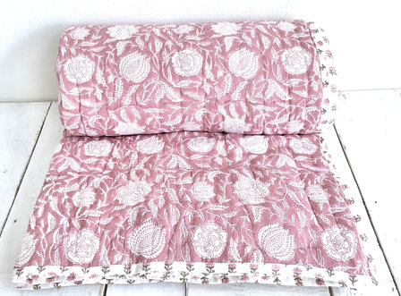 deken quilt tweepersoons reversible blockprint 8- framboos rood/roze-groen