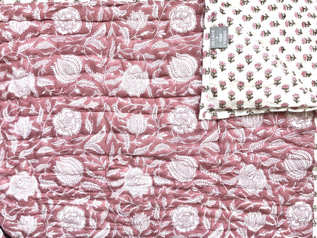 deken quilt tweepersoons reversible blockprint 8- framboos rood/roze-groen
