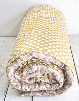 deken quilt tweepersoons reversible blockprint 9- lila-aqua/okergeel