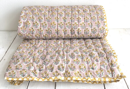 deken quilt tweepersoons reversible blockprint 9- lila-aqua/okergeel