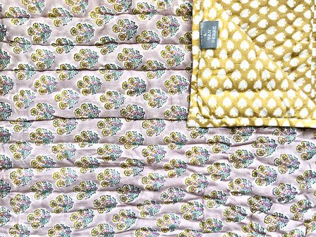 deken quilt tweepersoons reversible blockprint 9- lila-aqua/okergeel