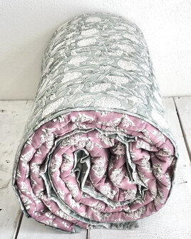 deken quilt tweepersoons reversible blockprint 10- oud paars/zeegrijs