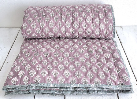 deken quilt eenpersoons reversible blockprint 10- oud paars-roze/zeegrijs-groen