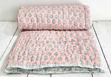 deken quilt eenpersoons reversible blockprint 11-  zuurstokroze-turq./aqua-khaki