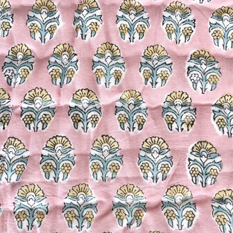 deken quilt eenpersoons reversible blockprint 11-  zuurstokroze-turq./aqua-khaki
