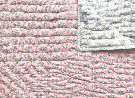 deken quilt eenpersoons reversible blockprint 11-  zuurstokroze-turq./aqua-khaki