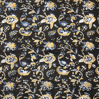 sjaaltje/zakdoek katoen vierkant 1- zwart/oker/blauw gebloemd