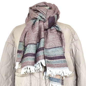 sjaal mixed wool 1- reversible streep grijs/rood/terra/zwart