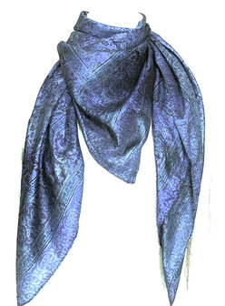 sjaal zijde vierkant met blockprint- 1 blauw gebloemd