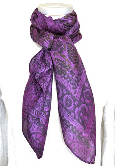 sjaal zijde vierkant met blockprint- 2- paars gebloemd