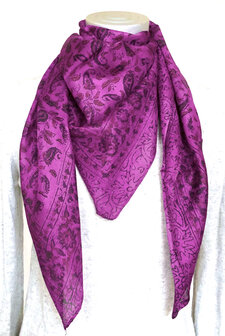 sjaal zijde vierkant met blockprint- 3- fuchsia gebloemd