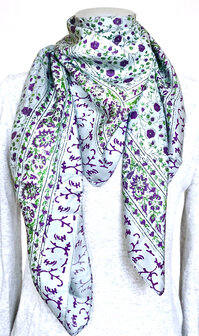 sjaal zijde vierkant met blockprint- 4- ijsblauw/paars/groen gebloemd