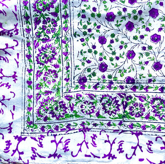 sjaal zijde vierkant met blockprint- 4- ijsblauw/paars/groen gebloemd