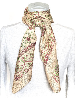 sjaal zijde vierkant met blockprint-6- warm beige/bessenrood/groen gebloemd