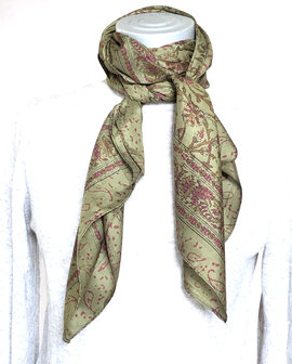 sjaal zijde vierkant met blockprint 8- armygroen/roze gebloemd