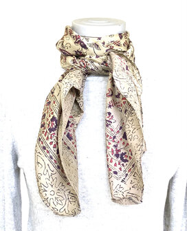 sjaal zijde vierkant met blockprint 9- licht beige/paars/roze gebloemd