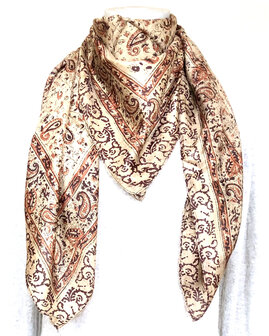 sjaal zijde vierkant met blockprint 11- goudgeel/oranje/paars gebloemd