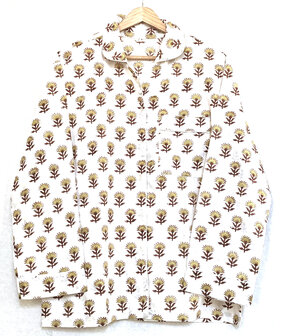 pyjamaset blockprint katoen 1- wit met gele bloemen