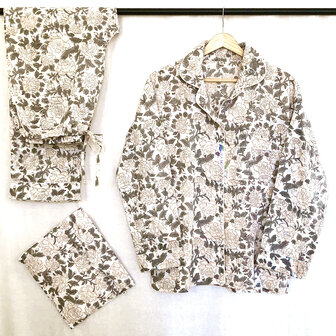 pyjamaset blockprint katoen 2- warm beige/grijs