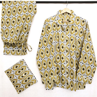pyjamaset blockprint katoen 3- groen-oker/zwart