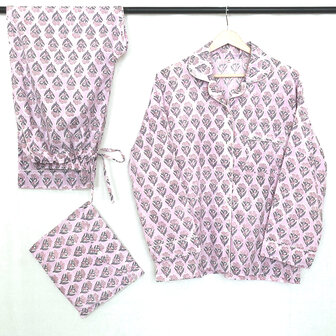 pyjamaset blockprint katoen 5-roze/grijs-groen