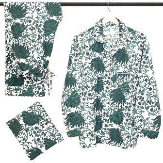 pyjamaset blockprint katoen 6- petrolgroen/wit