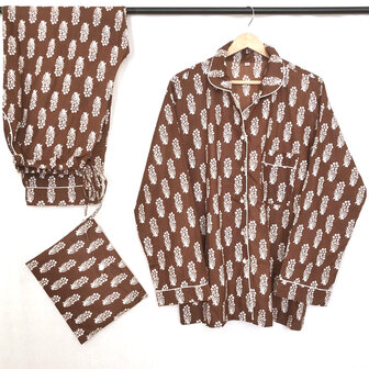 pyjamaset blockprint katoen 8- chocobruin/wit