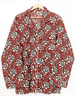 pyjamaset blockprint katoen 9- bessenrood/zwart/beige