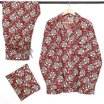 pyjamaset blockprint katoen 9- bessenrood/zwart/beige