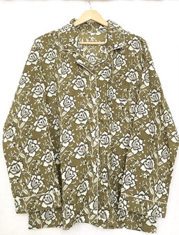 pyjamaset blockprint katoen 10- khaki groen/zwart/beige