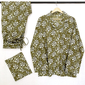 pyjamaset blockprint katoen 10- khaki groen/zwart/beige
