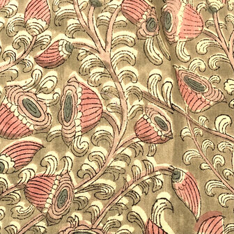 kimono katoen handblockprint 5- khaki groen/oud roze/beige