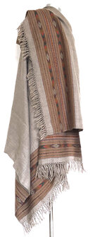 sjaal/omslagdoek wol etnic vintage Kullu naturel taupe/streep