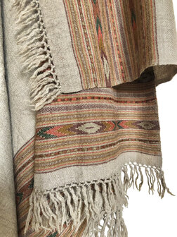 sjaal/omslagdoek wol etnic vintage Kullu naturel taupe/streep