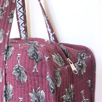 tote bag/tas quilted katoen blockprint 1- bessenrood