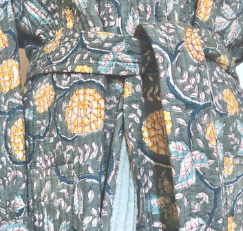  ochtendjas/kimono quilted katoen 6- petrol/aqua/licht geel