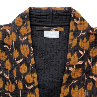  ochtendjas/kimono quilted katoen 4- zwart/hazelnootbruin