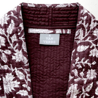  ochtendjas/kimono quilted katoen 3- bessenrood/wit