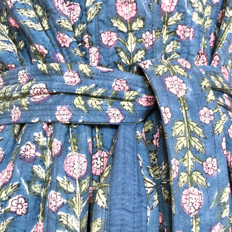  ochtendjas/kimono quilted katoen 15- hemelsblauw/roze/groen