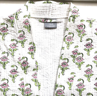  ochtendjas/kimono quilted katoen 16- lichtroze/groen op wit