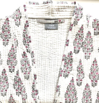  ochtendjas/kimono quilted katoen 17- roze/lichtgrijs op wit