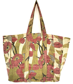 tas shopper XL vintage quilt 2- khaki/beige/framboosrood