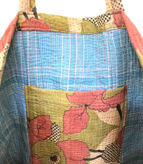 tas shopper XL vintage quilt 2- khaki/beige/framboosrood