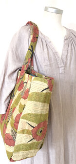 tas shopper XL vintage quilt 2- khaki/beige/framboosrood