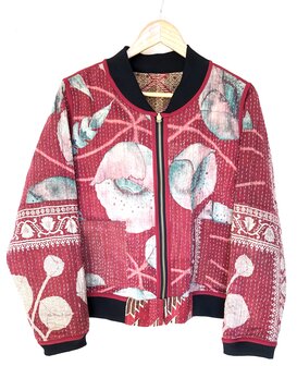VERKOCHT- bomberjack vintage kantha 4- rood-beige-bruin