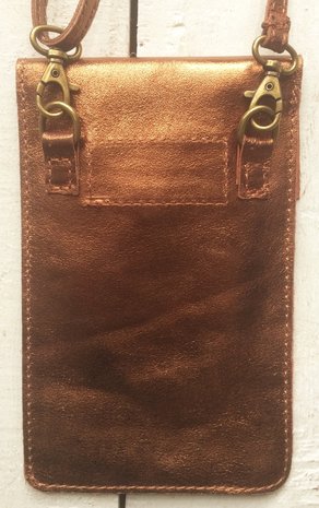 tasje telefoon leer 3- metallic cognac