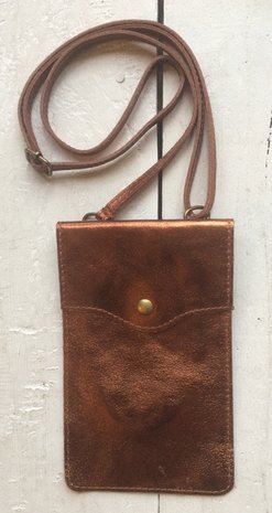 tasje telefoon leer 3- metallic cognac
