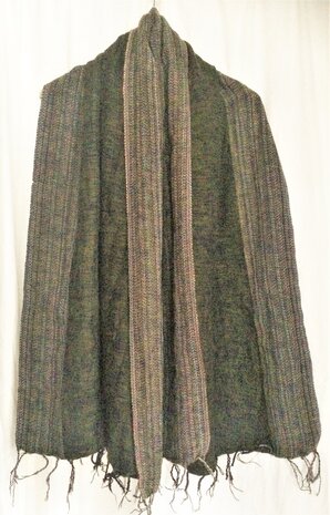 sjaal/omslagdoek mixed wool-sierrand 3-armygroen-zwart melee