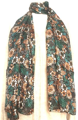 LAATSTE- sjaal zijde  met print zwart/petrol/brique