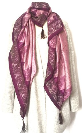 sjaal vintage gerecyclede zijde  met print en kwastjes-1 lilaroze/paars/zwart